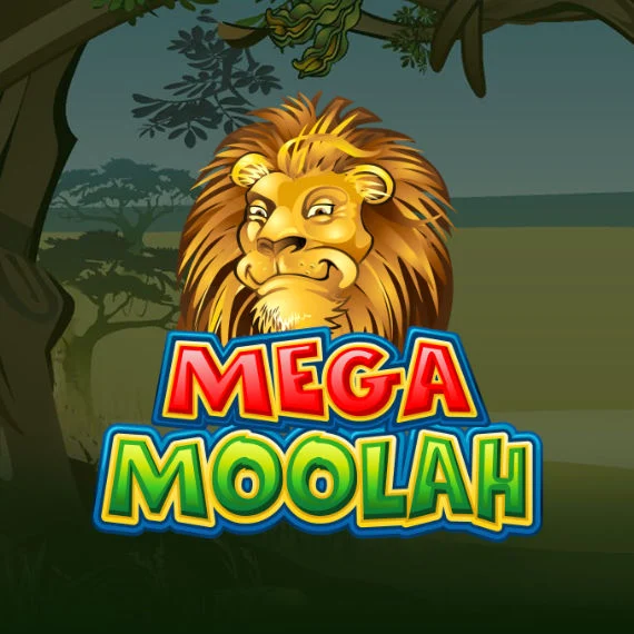 Mega Moolah slot artwork showing the lion symbol and the game logo